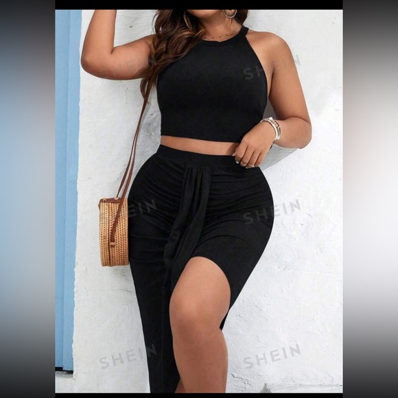 Black Crop Halter Top & Twist Front Skirt - Picture 1 of 7
